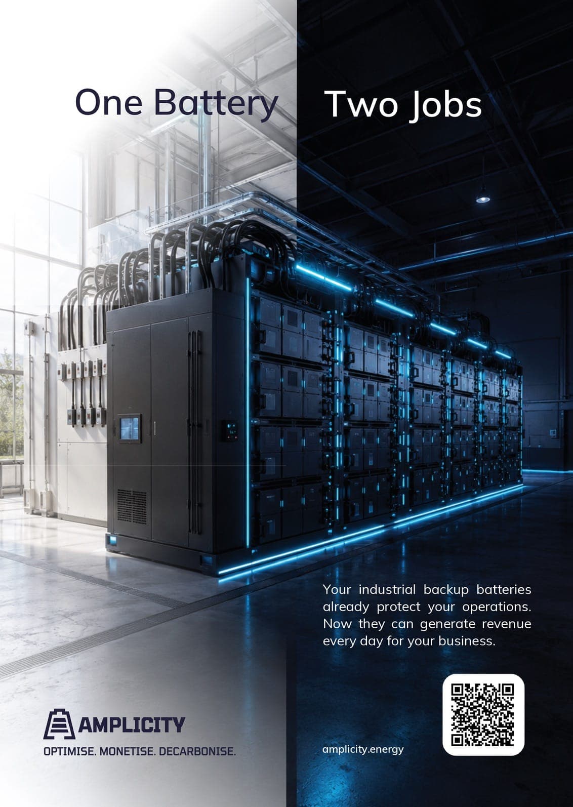 Amplicity flyer: ‘One Battery, Two Jobs’ – industrial backup batteries that can also generate revenue. Visit amplicity.energy.