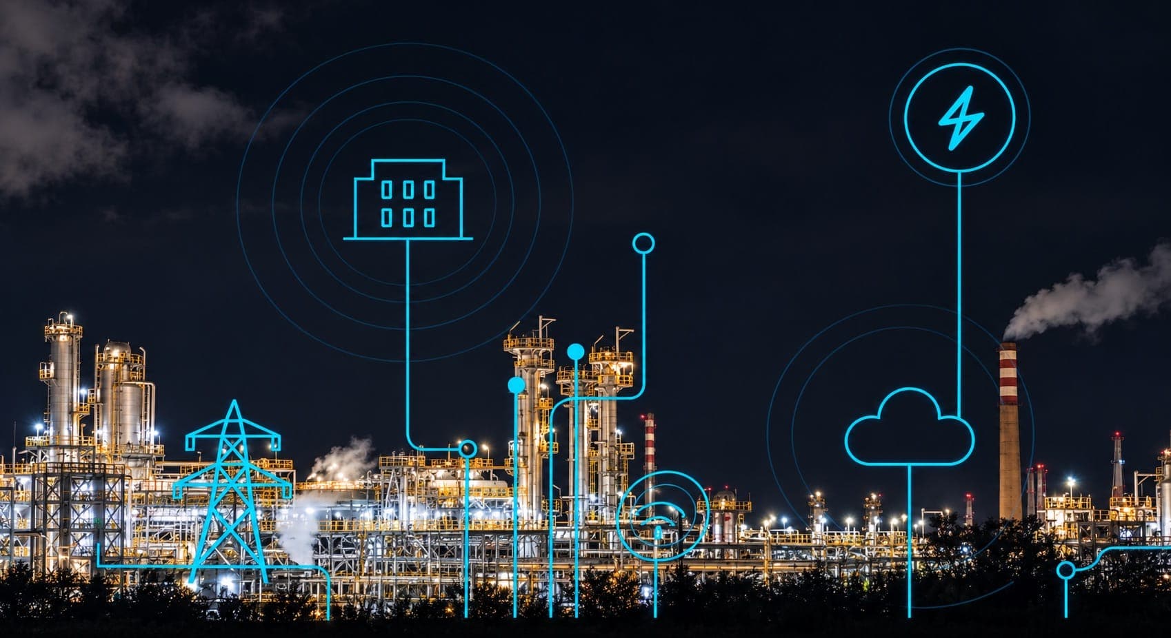 Night-time industrial plant with glowing blue smart-grid icons and network lines overlaid across the scene.